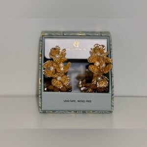 House of Harlow 1960 Gold Pearl Floral Hoops Earrings